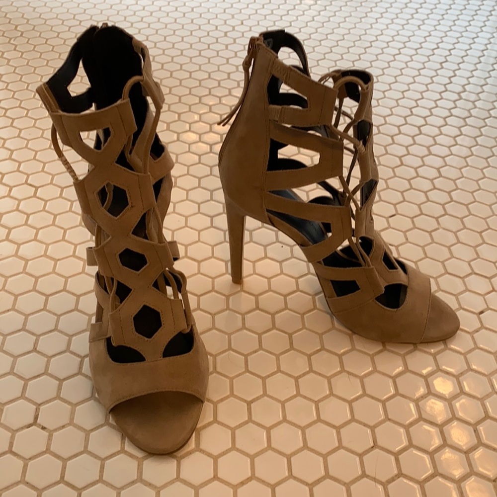 Tan suede cut out booties by Rebecca Minkoff